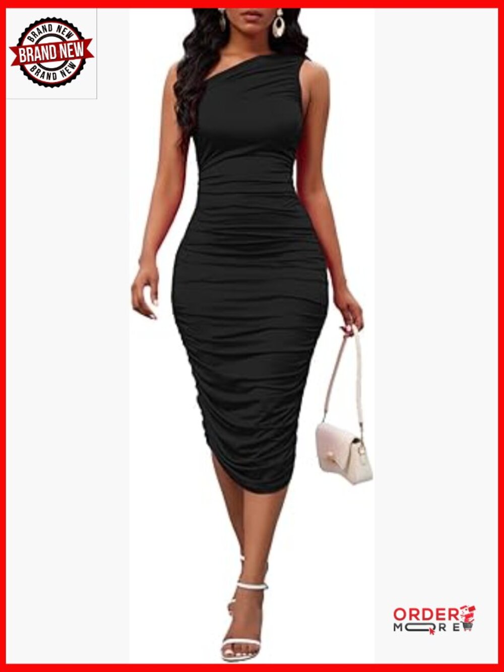 One Shoulder Ruched Bodycon Midi Party Dress Sleeveless Club